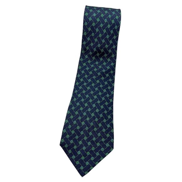 HERMÈS Men's 100% Silk Necktie LUXURY Blue Green Interlocking Rope W:3.5" EUC - Picture 1 of 5